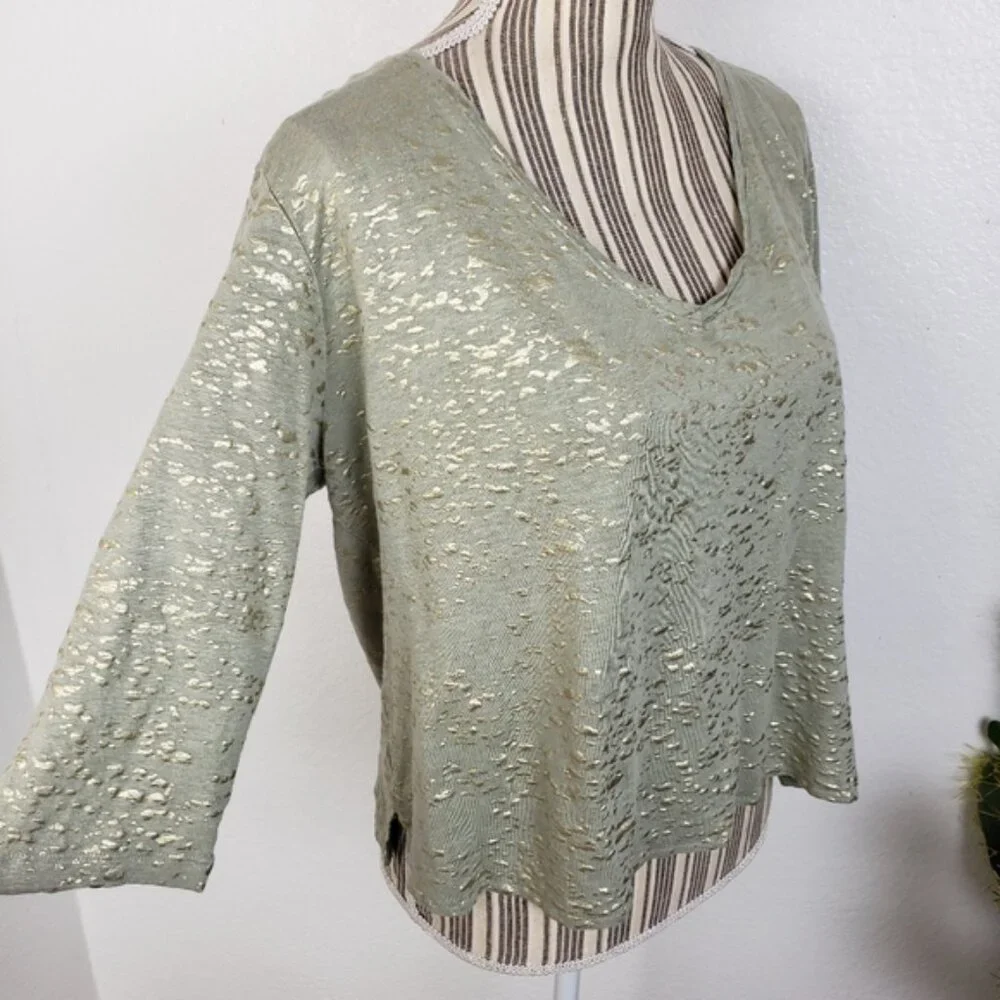 Majestic Filatures Stretch Linen Metallic Novelty 3/4-Sleeve Blouse Top size L